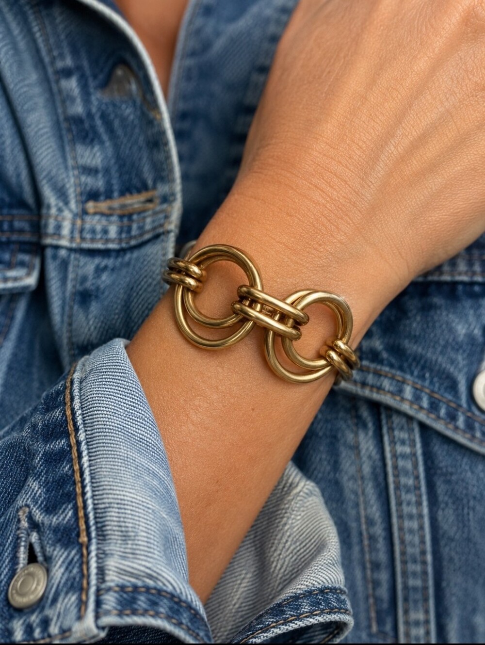 J. Crew Double Round Link Chain Oxidized Brass Tone Bracelet Lifesaver Clasp EUC